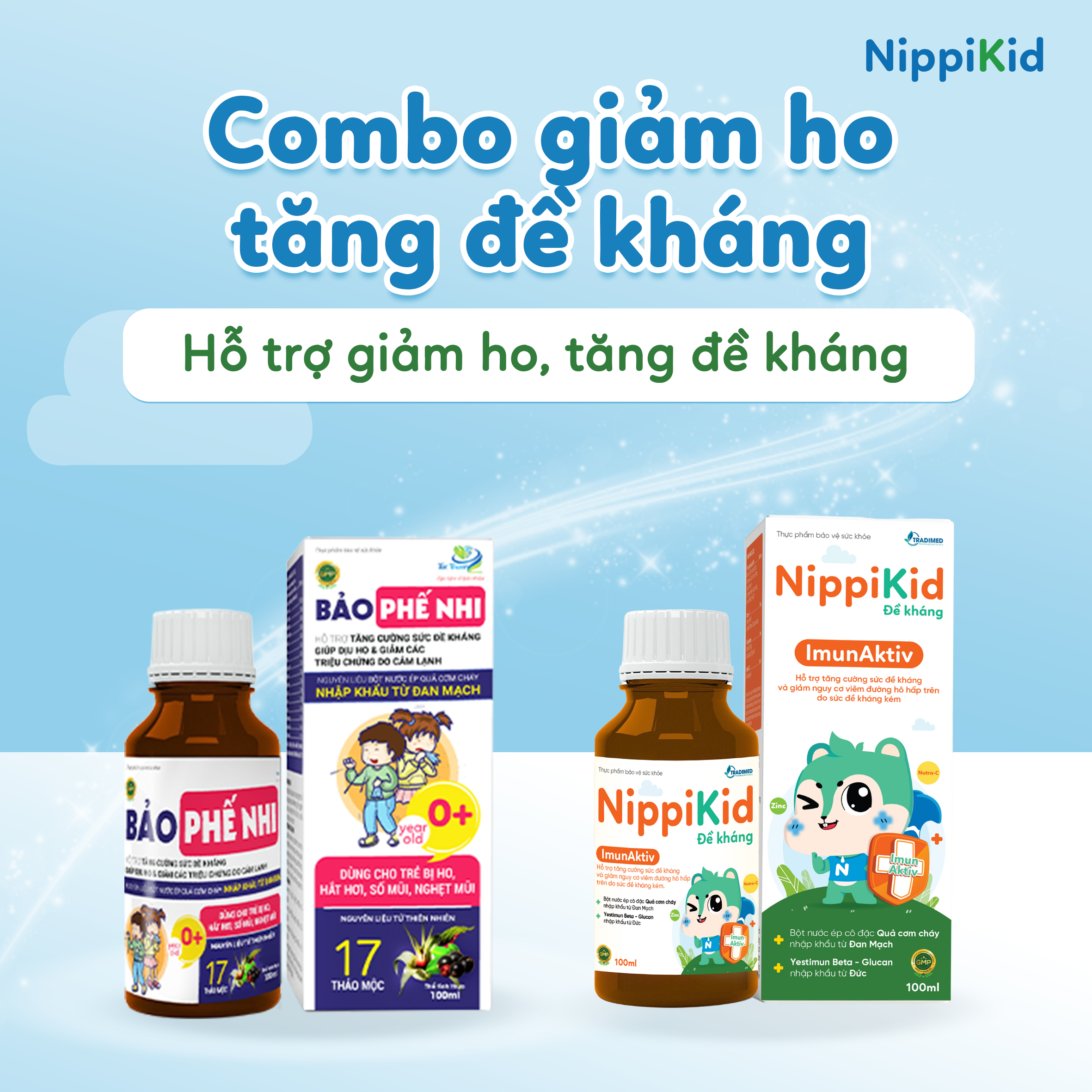 Combo Hỗ Trợ Giảm Ho - Tăng Đề Kháng, Siro Ho 3in1 Bảo Phế Nhi và NippiKid Đề Kháng, Tradimed Pharma